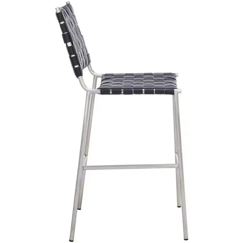 Woven Leather Counter Stool, Metal Frame, Fixed Height 26", Armless with Footrest