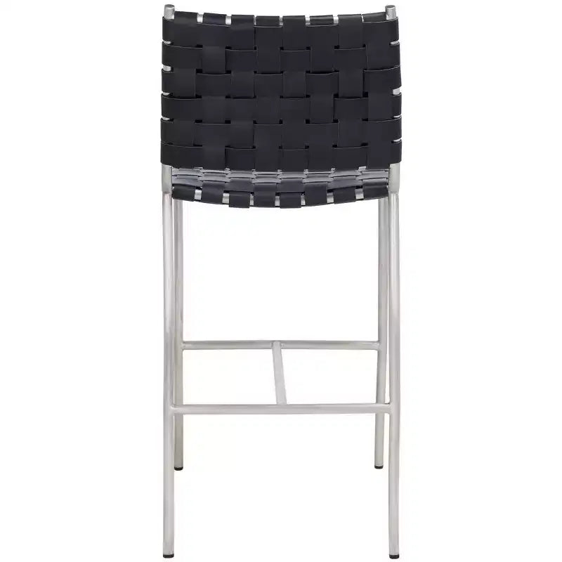 Woven Leather Counter Stool, Metal Frame, Fixed Height 26", Armless with Footrest