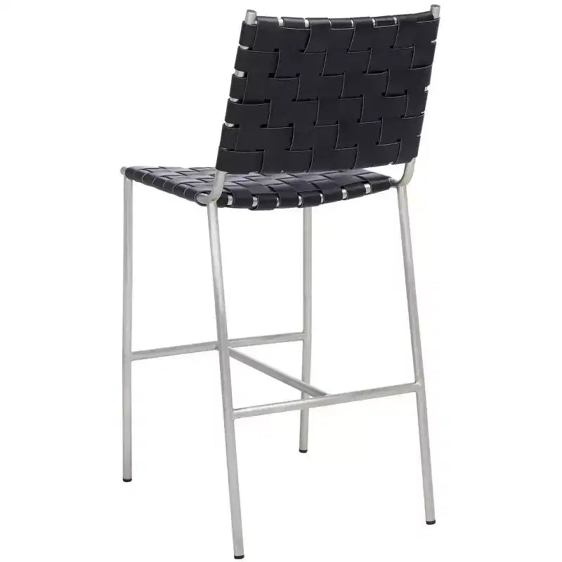 Woven Leather Counter Stool, Metal Frame, Fixed Height 26", Armless with Footrest