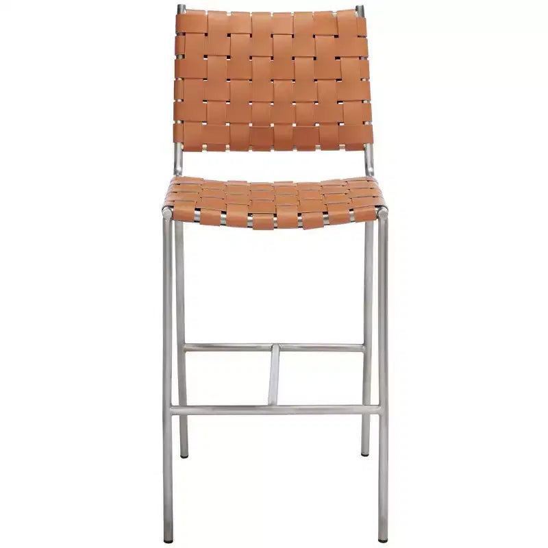 Woven Leather Counter Stool, Metal Frame, Fixed Height 26", Armless with Footrest