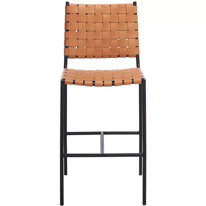 Woven Leather Counter Stool, Metal Frame, Fixed Height 26", Armless with Footrest