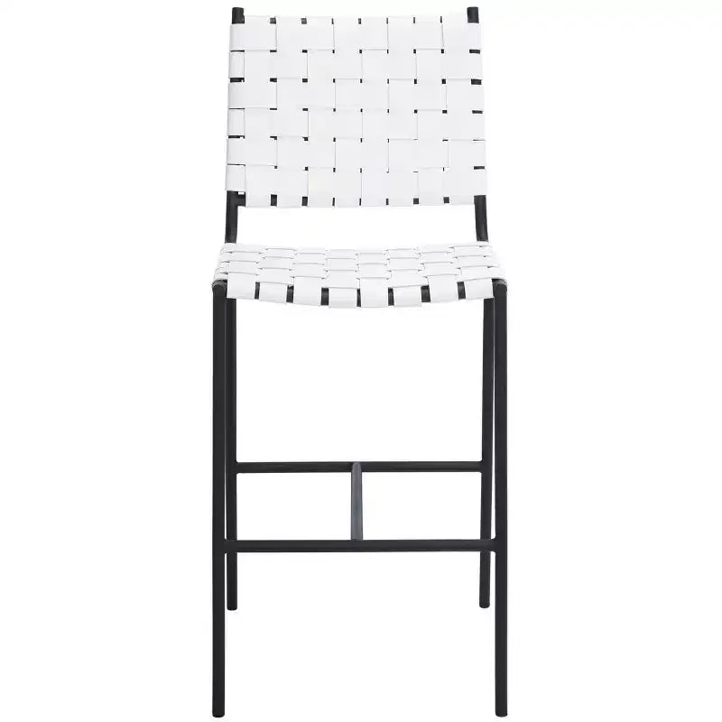 Woven Leather Counter Stool, Metal Frame, Fixed Height 26", Armless with Footrest