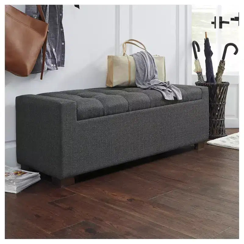54" Gray Tufted Upholstered Storage Bench with Wood Legs and Hidden Compartment