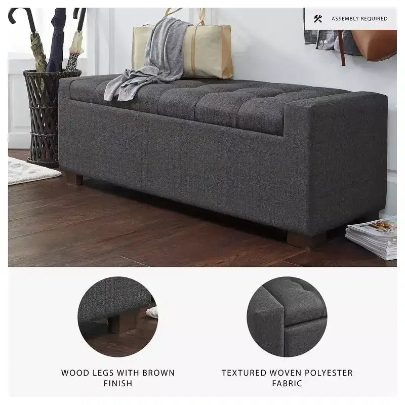 54" Gray Tufted Upholstered Storage Bench with Wood Legs and Hidden Compartment