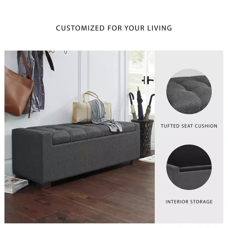 54" Gray Tufted Upholstered Storage Bench with Wood Legs and Hidden Compartment